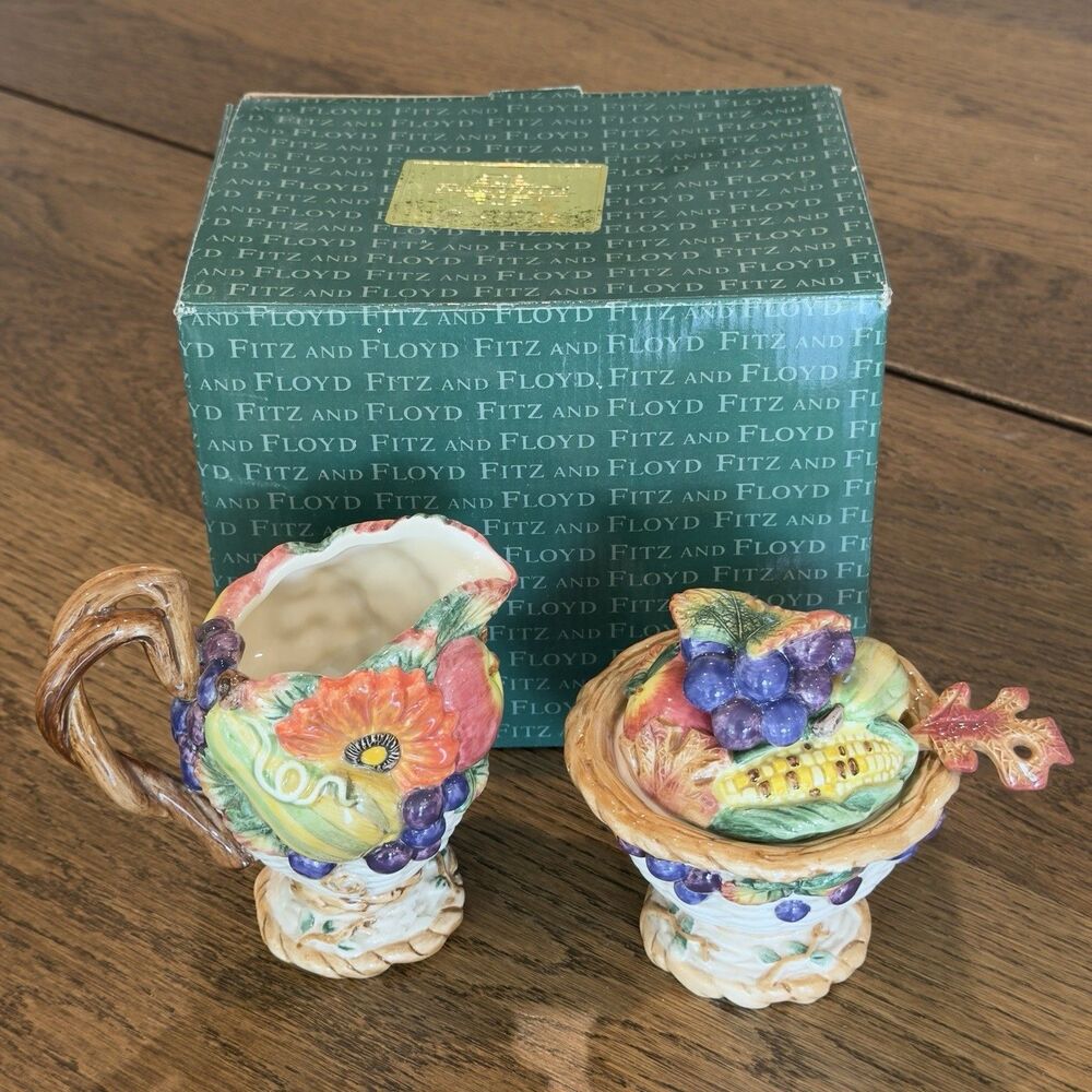 Fitz and Floyd Autumn Bounty Harvest Heritage Sugar Creamer Set W/Lid Spoon Box